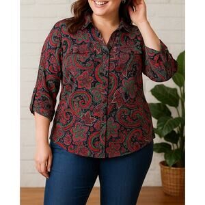 KIM ROGERS Red and Green Paisley Print Button-up Blouse - Size 3X or 24W